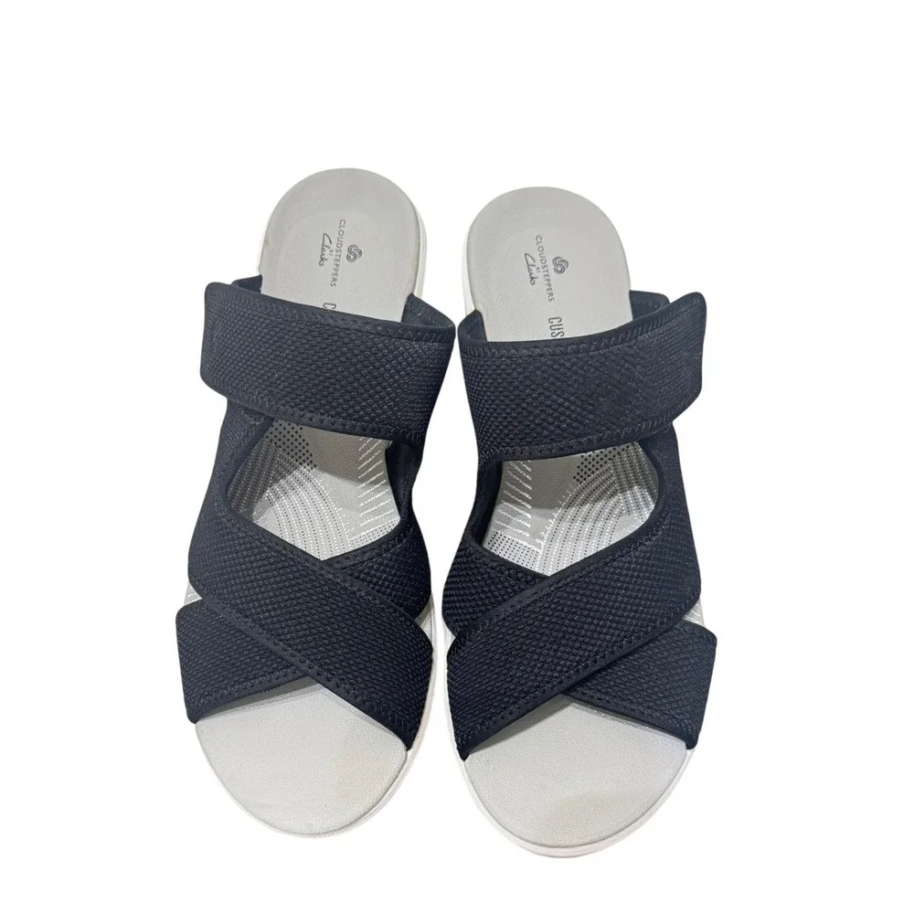 Clarks Cloudsteppers Wedge Sandals Size 9 Black White‎ Arla Glade Slide